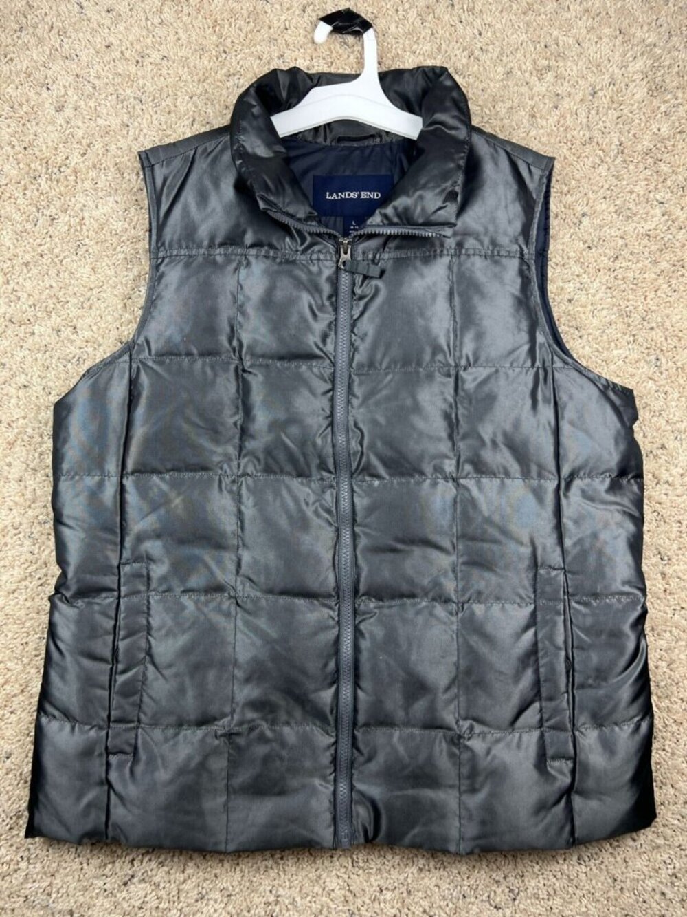 Lands End Women Size Large 14-16 Down Puffer Vest Quilted Full Zip Gray Shiny